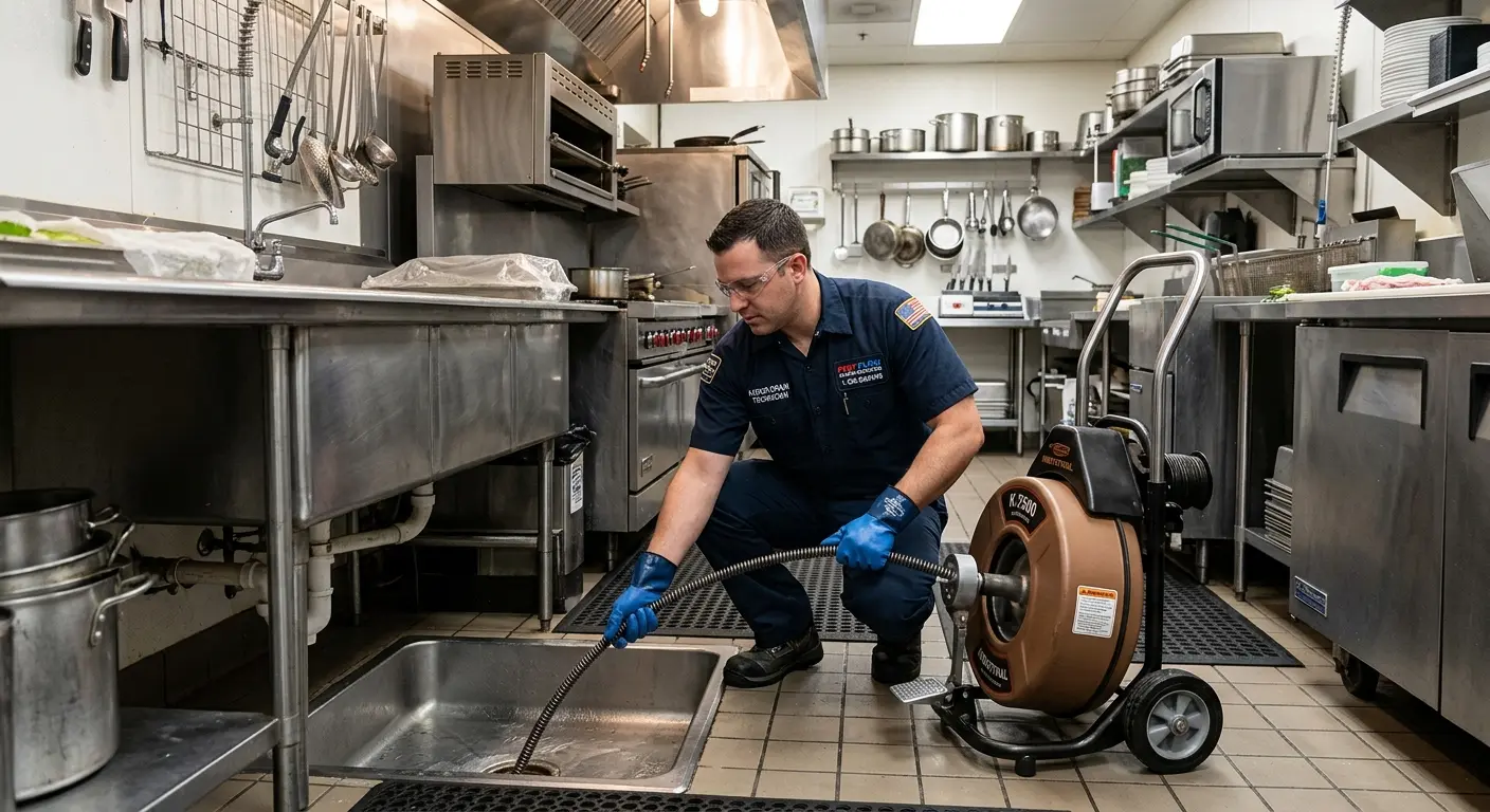Commercial drain cleaning service in a restaurant kitchen in Denton