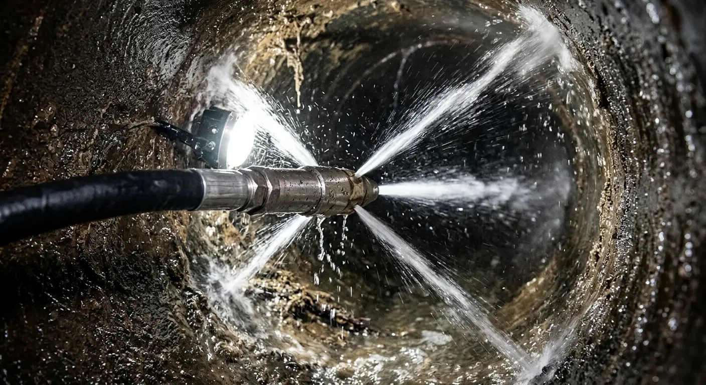 High-pressure hydro jetting nozzle cleaning sewer pipe for Storm Drain Cleaning in Denton