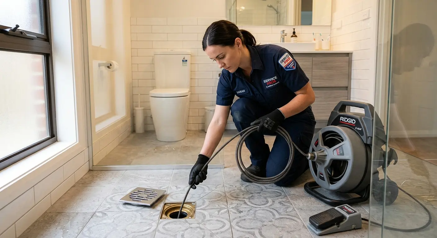 Technician clearing a bathroom floor drain for Clogged Drain Repair in Denton